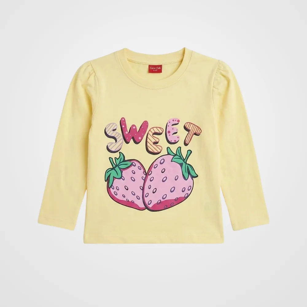 Light Yellow Strawberry Print Full Sleeve T-Shirt for Girls (148