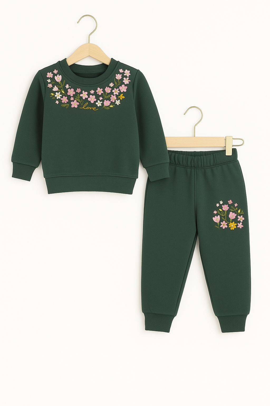 Love & Flowers embroidery dark green track suit- Girls (R-11)