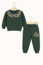 Love & Flowers embroidery dark green track suit- Girls (R-11)