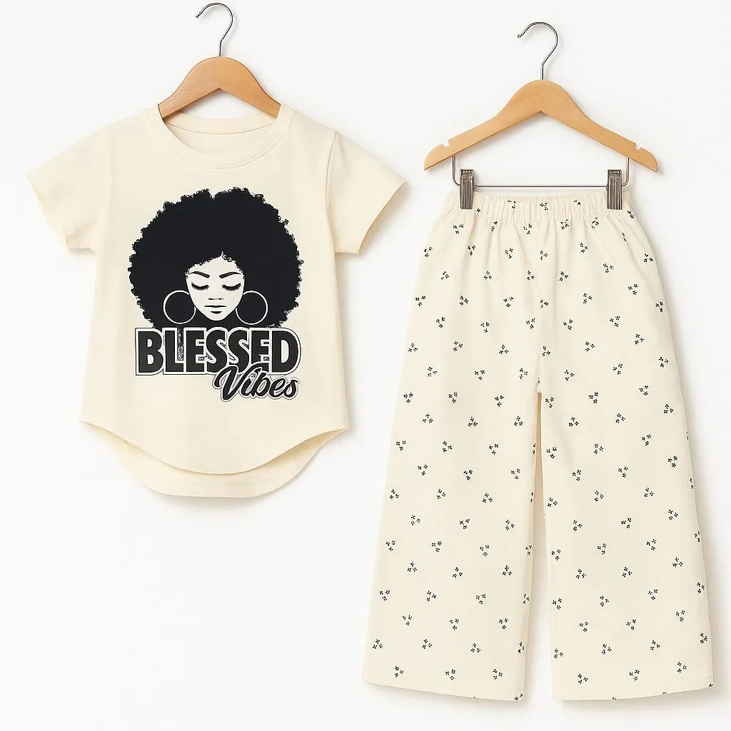 Blessed Vibes Cream t-shirt & Flapper for Girls (114N)