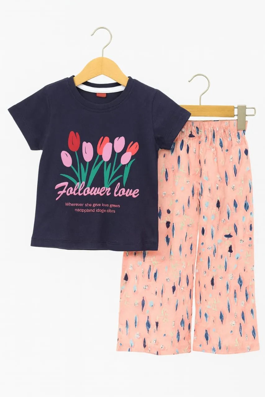 Fallover Love Navy T-shirt & Flapper Palazzo for Girls (49N)