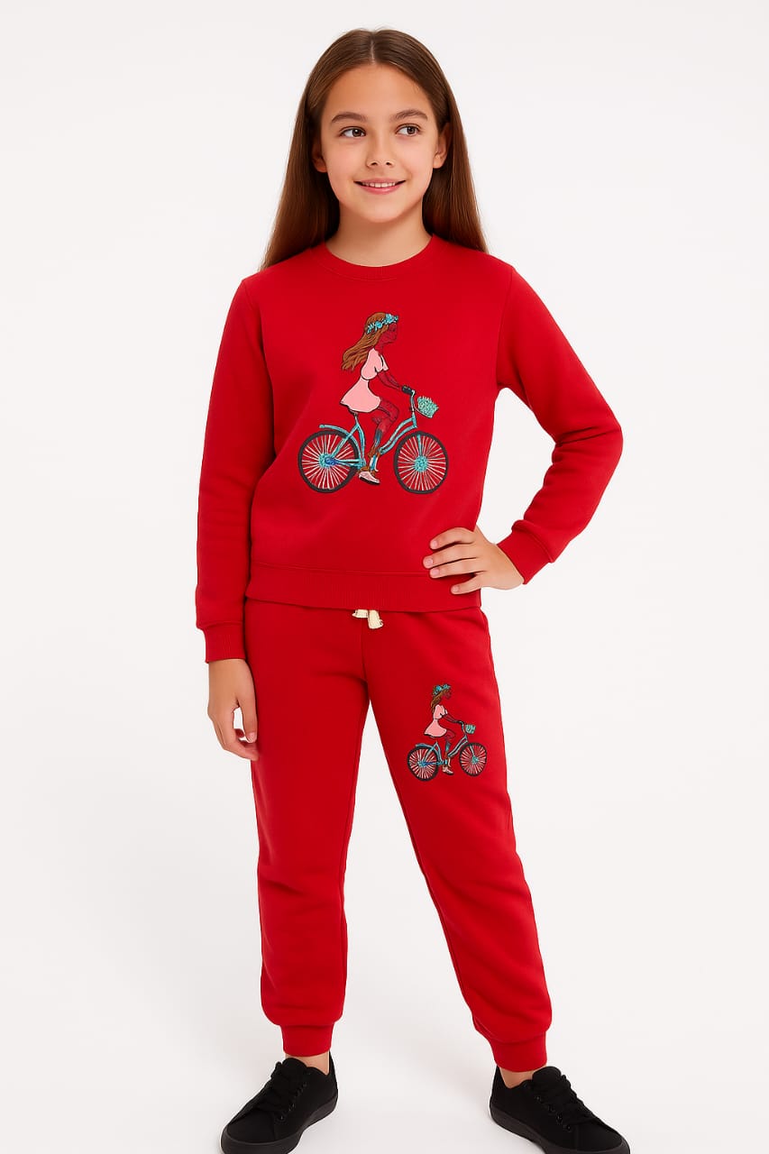 Doll with bicycle red embroidery track suit- Girls