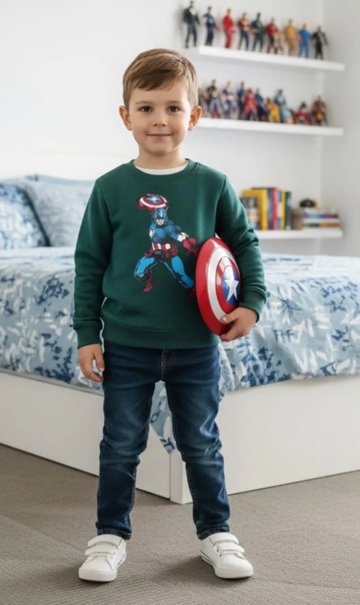 Captain America Print Green Sweatshirt- Boys (68N)