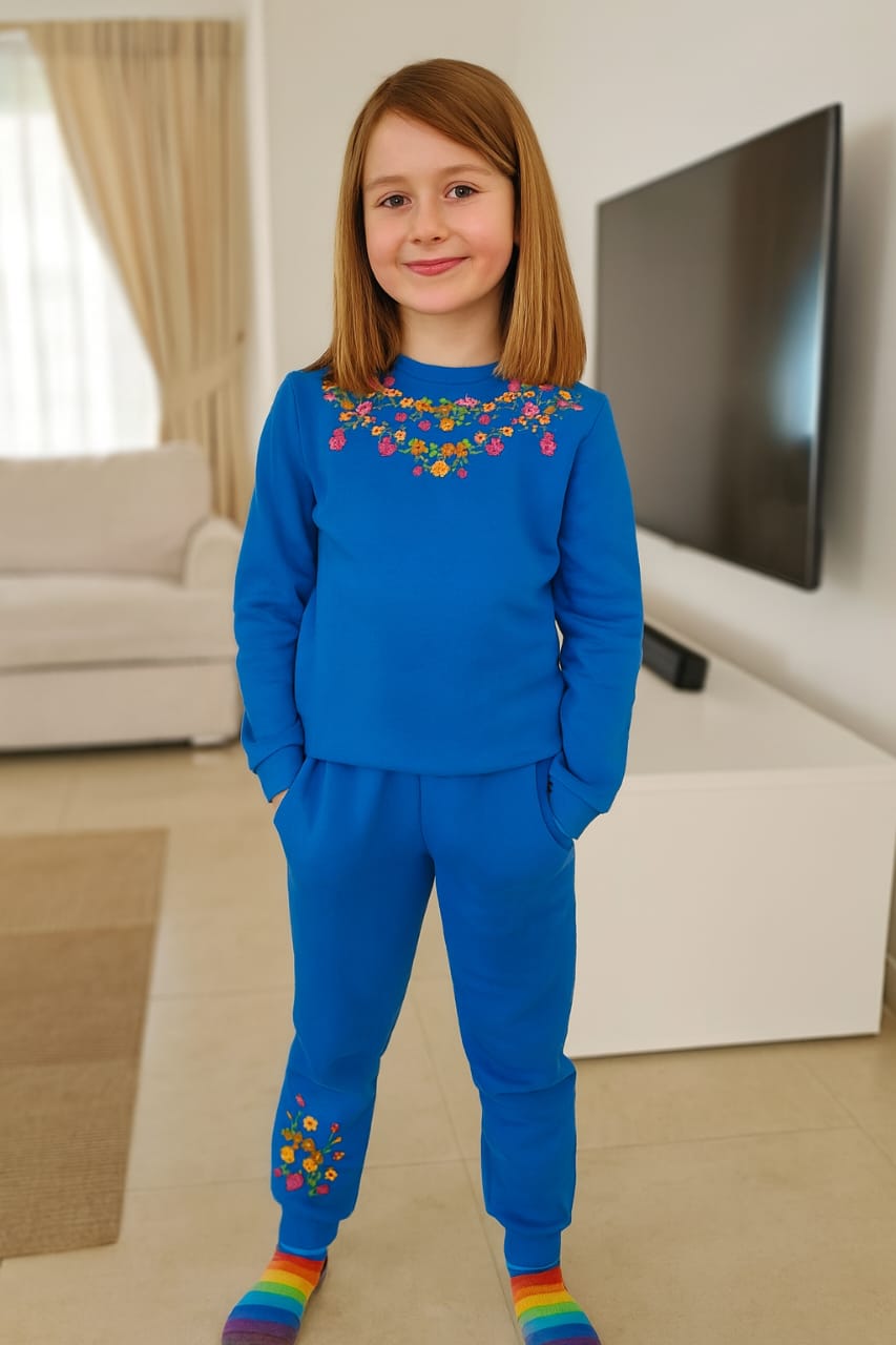 Spring embroidery blue track suit-Girls