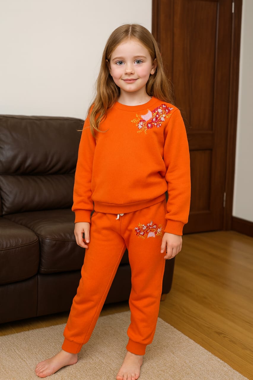 Floral embroidery orange track suit-Girls