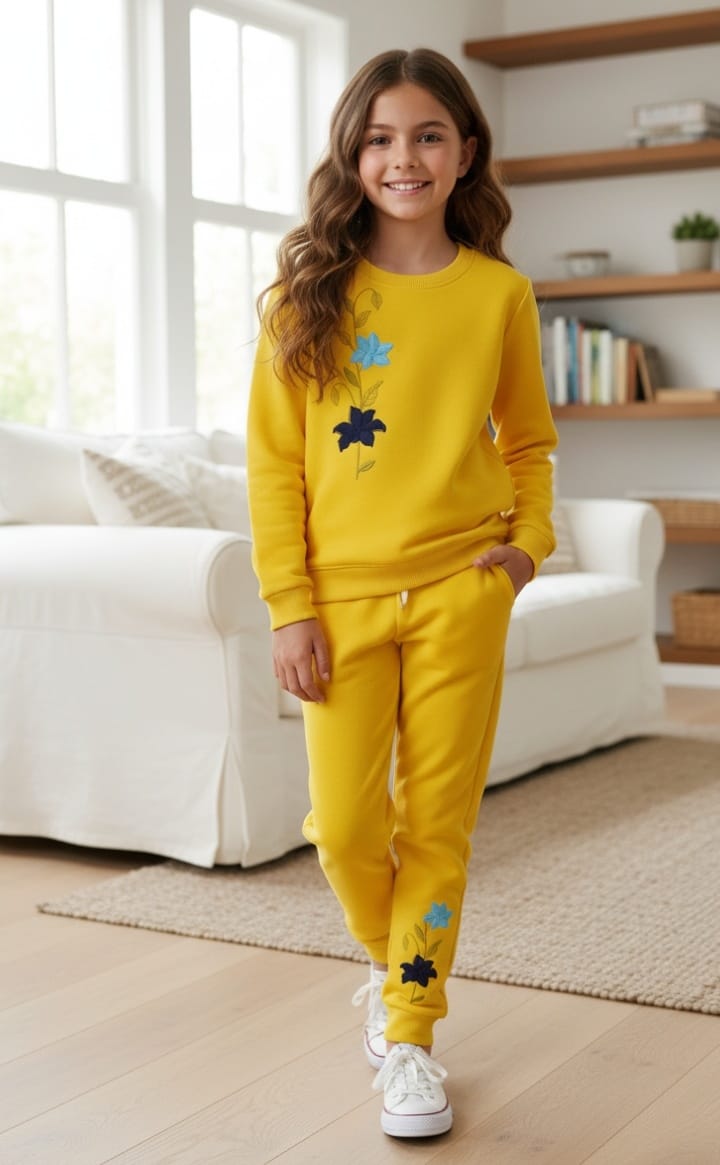 Sunny bloom yellow floral embroidery track suit- Girls