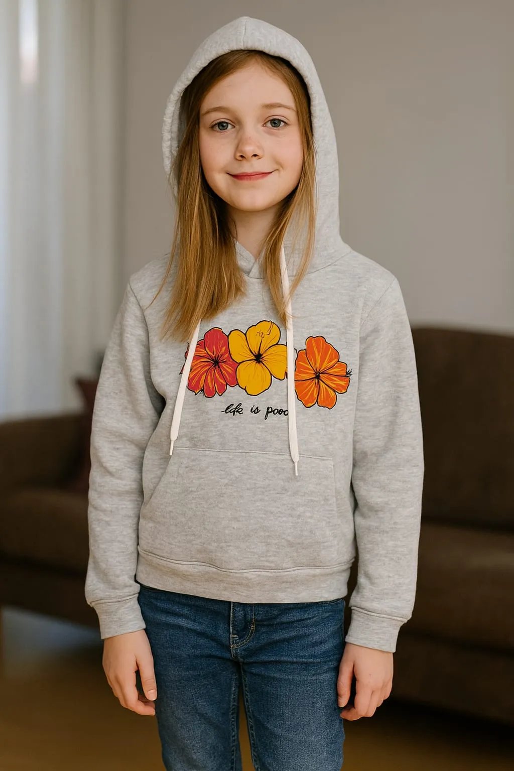 Three sun flower gray hoodie - Girls(R-124)
