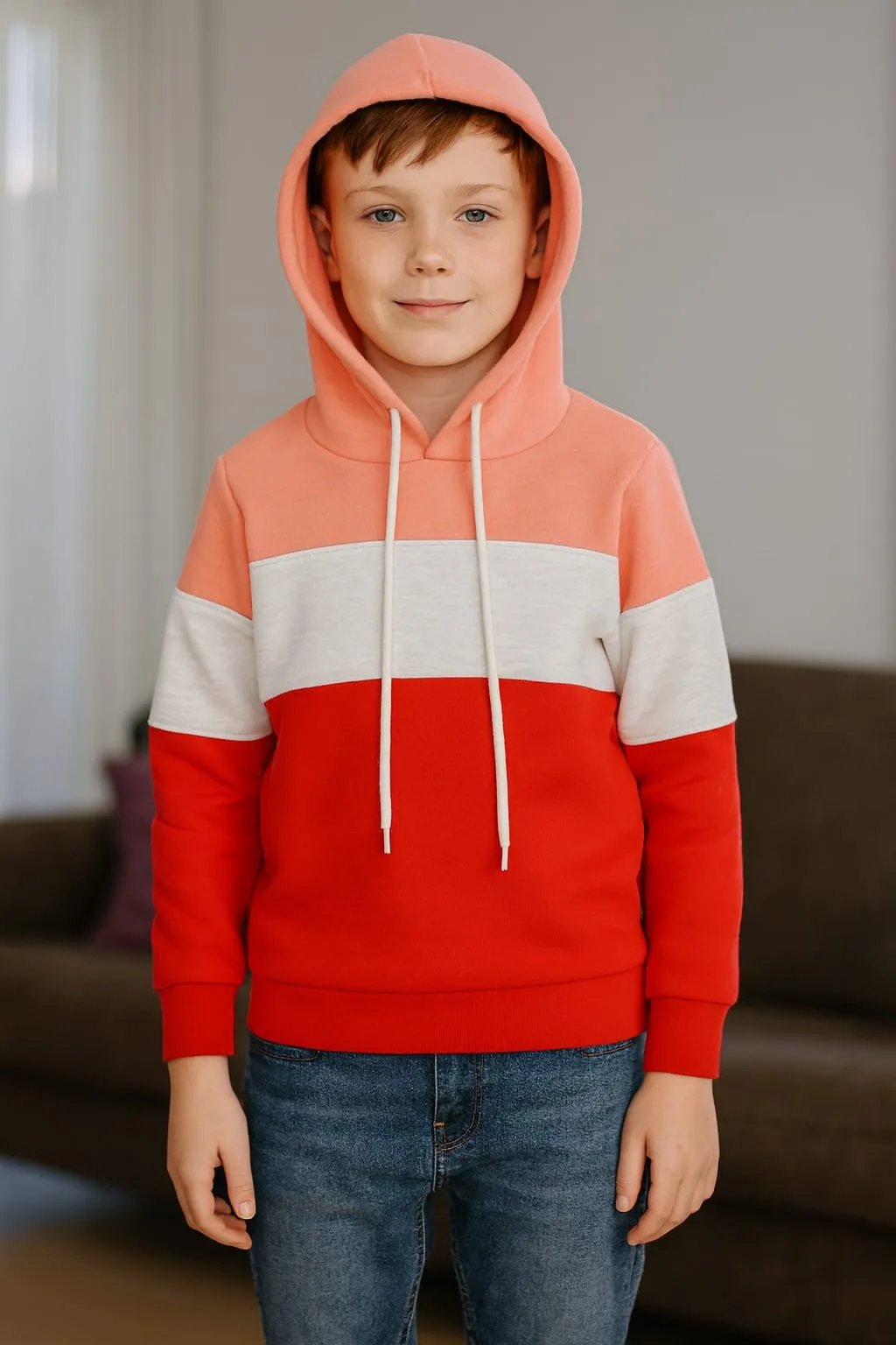 Three Panel Baby Pink and Red Hoodie - Boys (R-105)