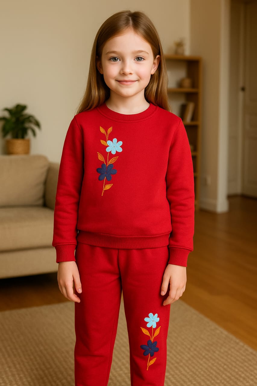 Sunny bloom red floral embroidery track suit- Girls(R-64)