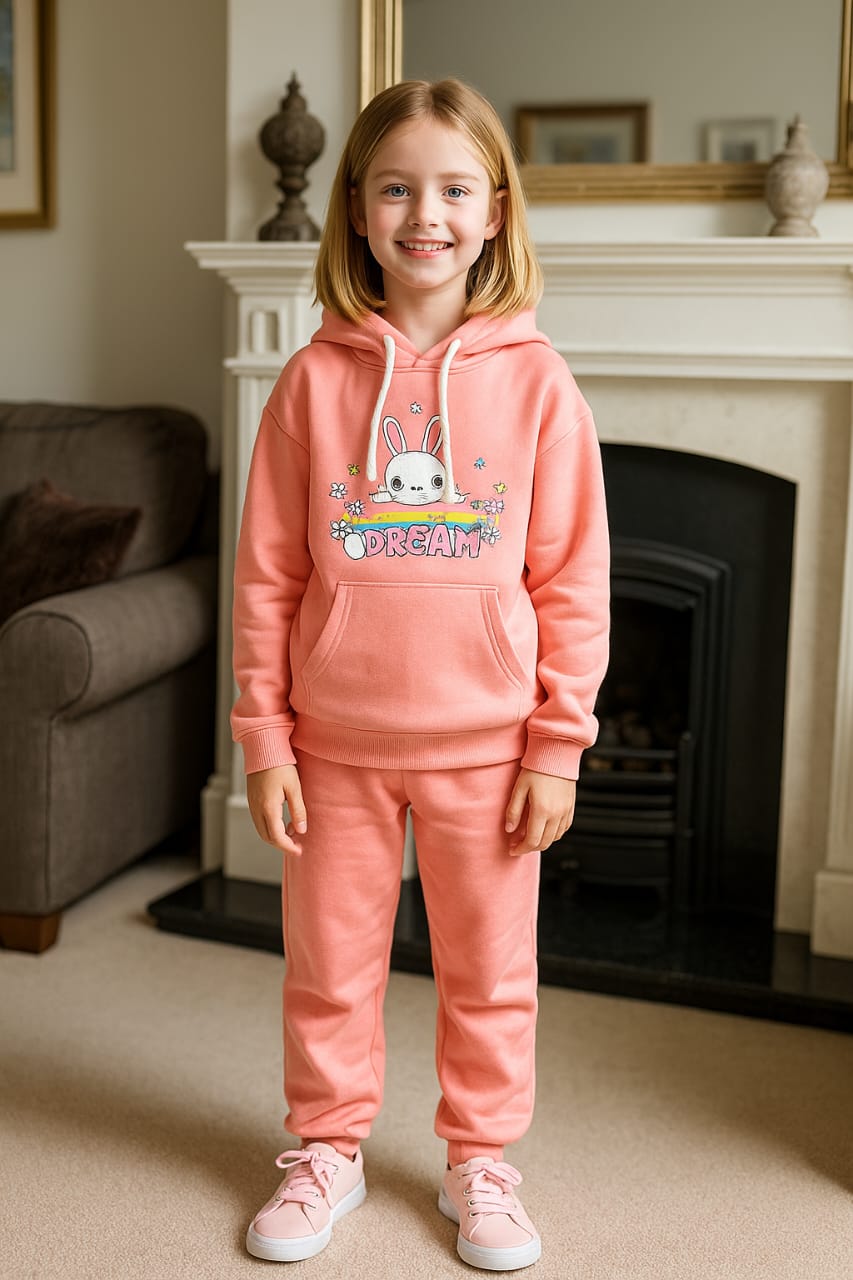 Rabbit print peach hoodie track suit- Girls(R-53)