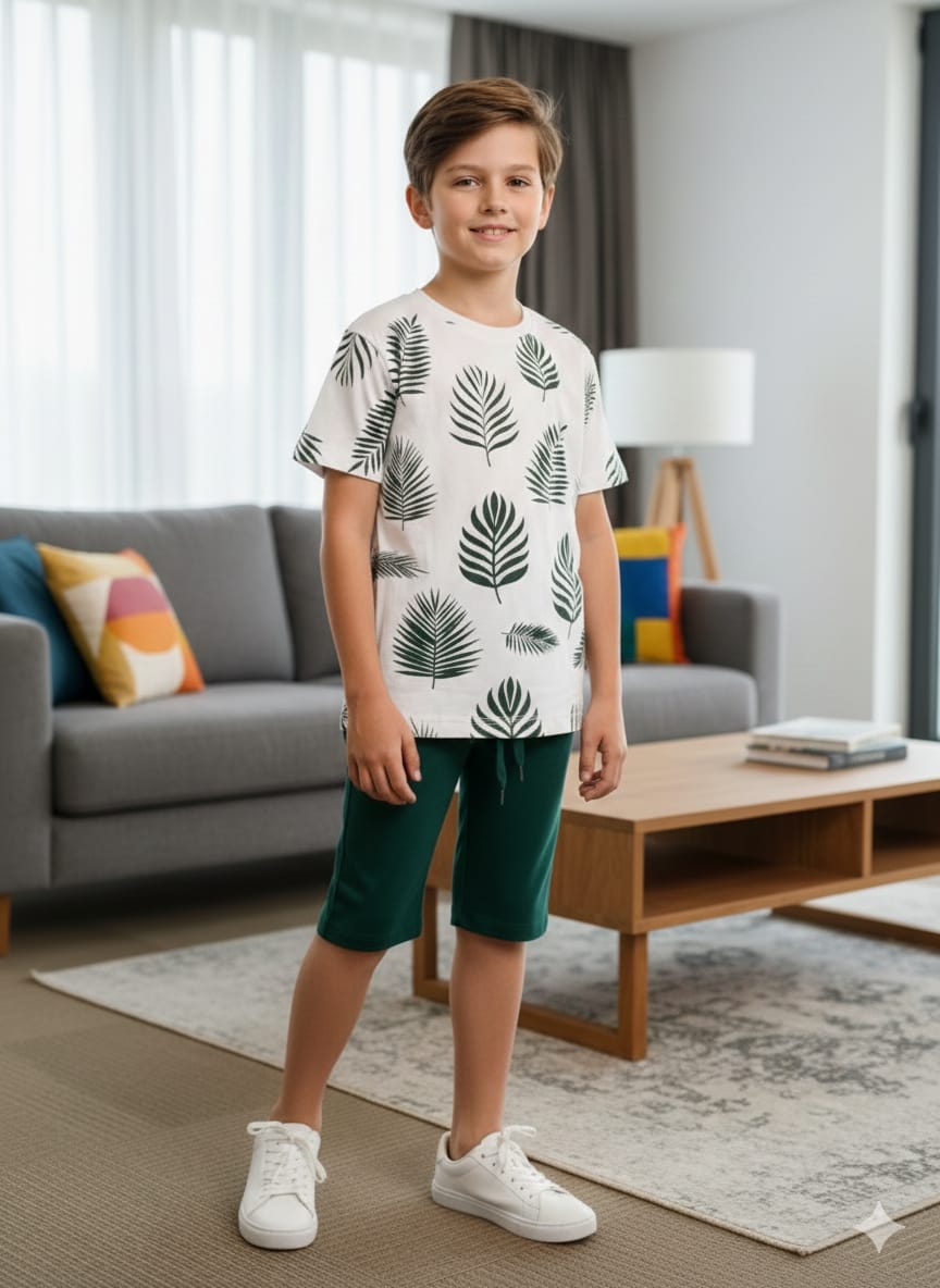 Summer leafy combo white nicker suit- Boys