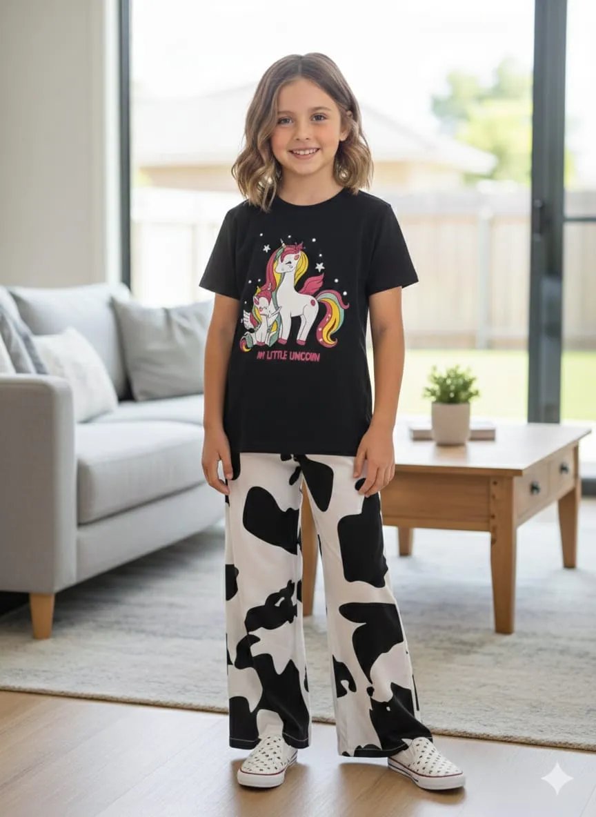 Unicorn black T-shirt & flapper plazzo -Girls
