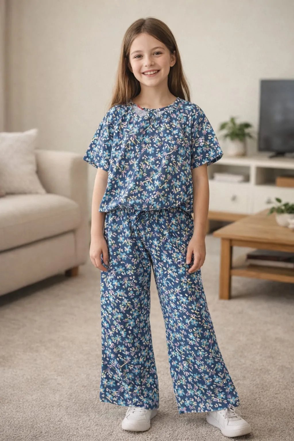 Multiple Sky Flowers Half sleeveless Blue skate Fish- Girls
