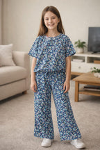 Multiple Sky Flowers Half sleeveless Blue skate Fish- Girls