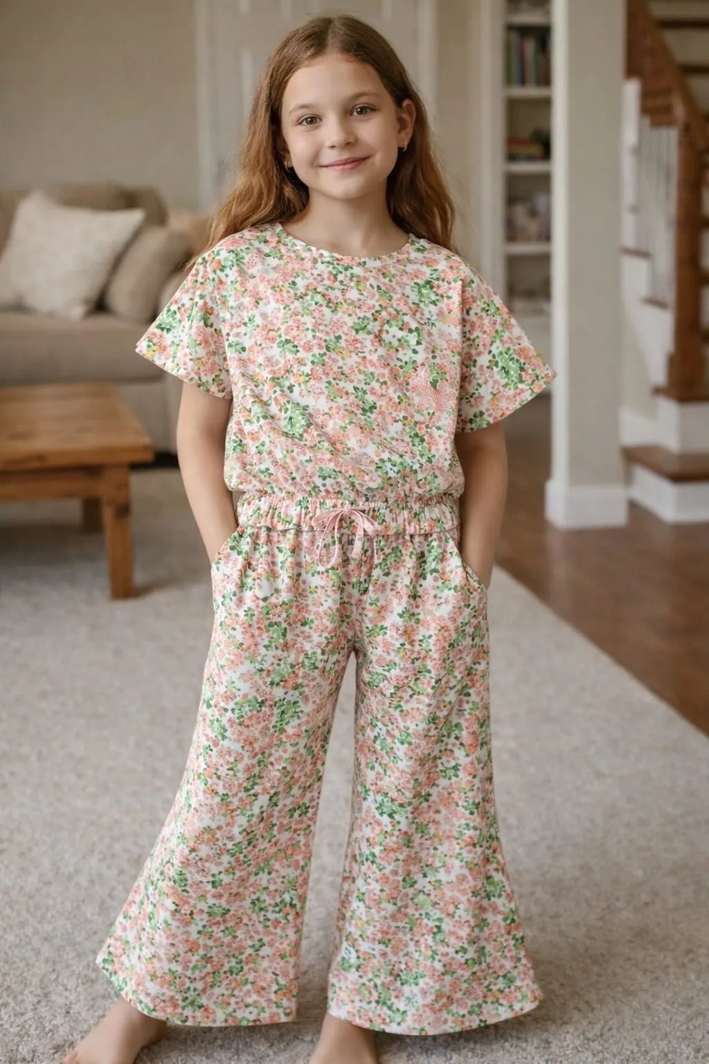 Green & Carrot Flowers print Half Sleeveless Skate Fish- Girls