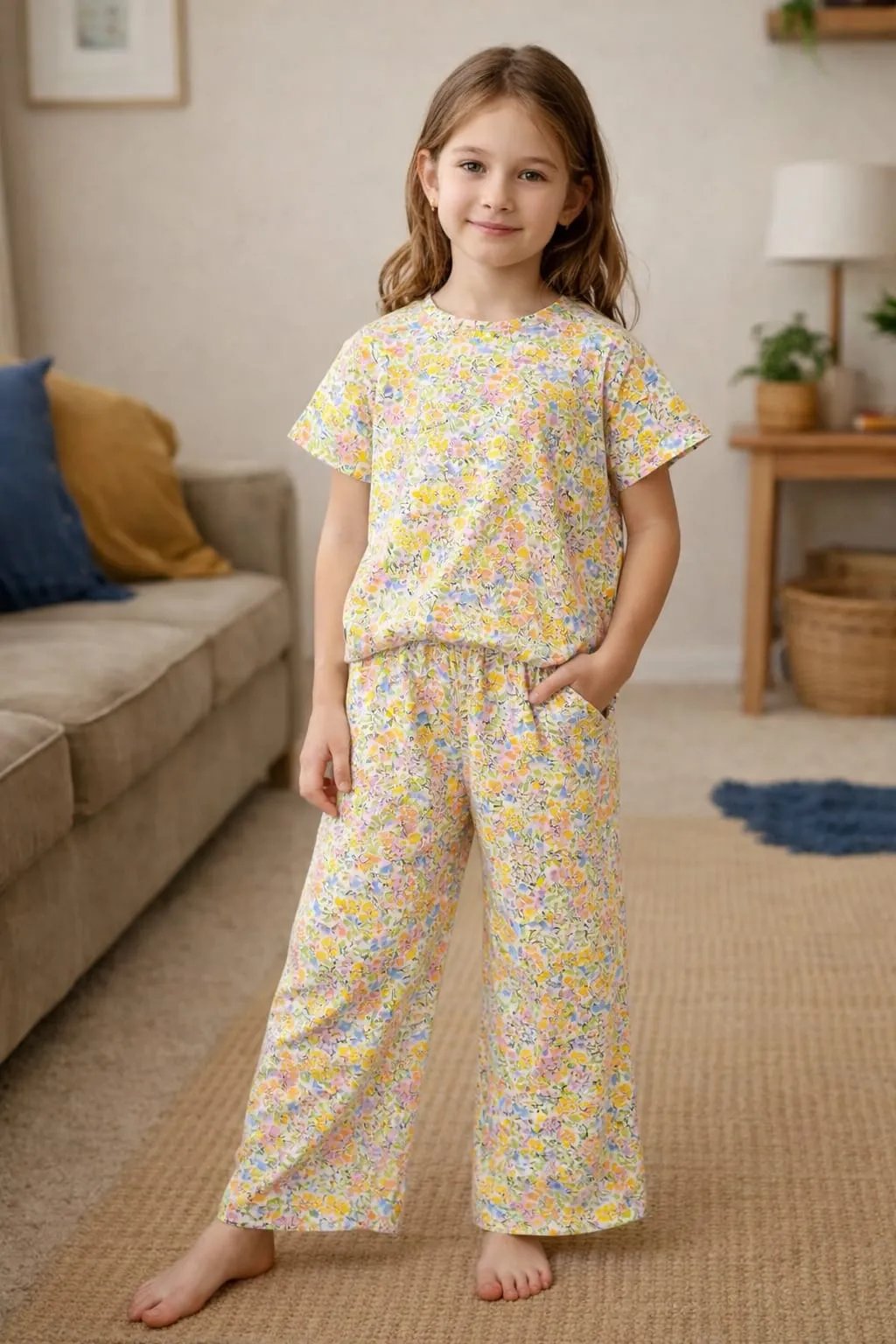Yellow & sky Flowers Half Sleeveless Skate Fish- Girls