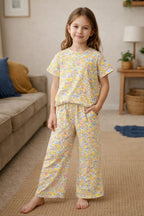 Yellow & sky Flowers Half Sleeveless Skate Fish- Girls