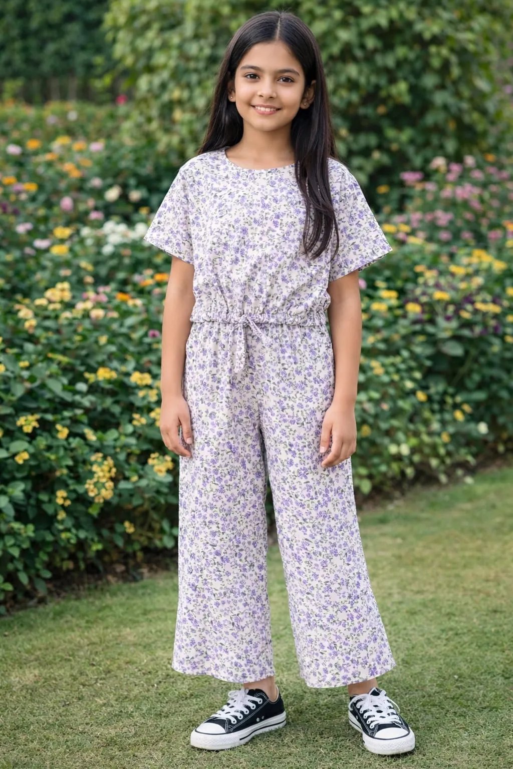 Purple Flowers Half Sleeveless White Skate Fish- Girls