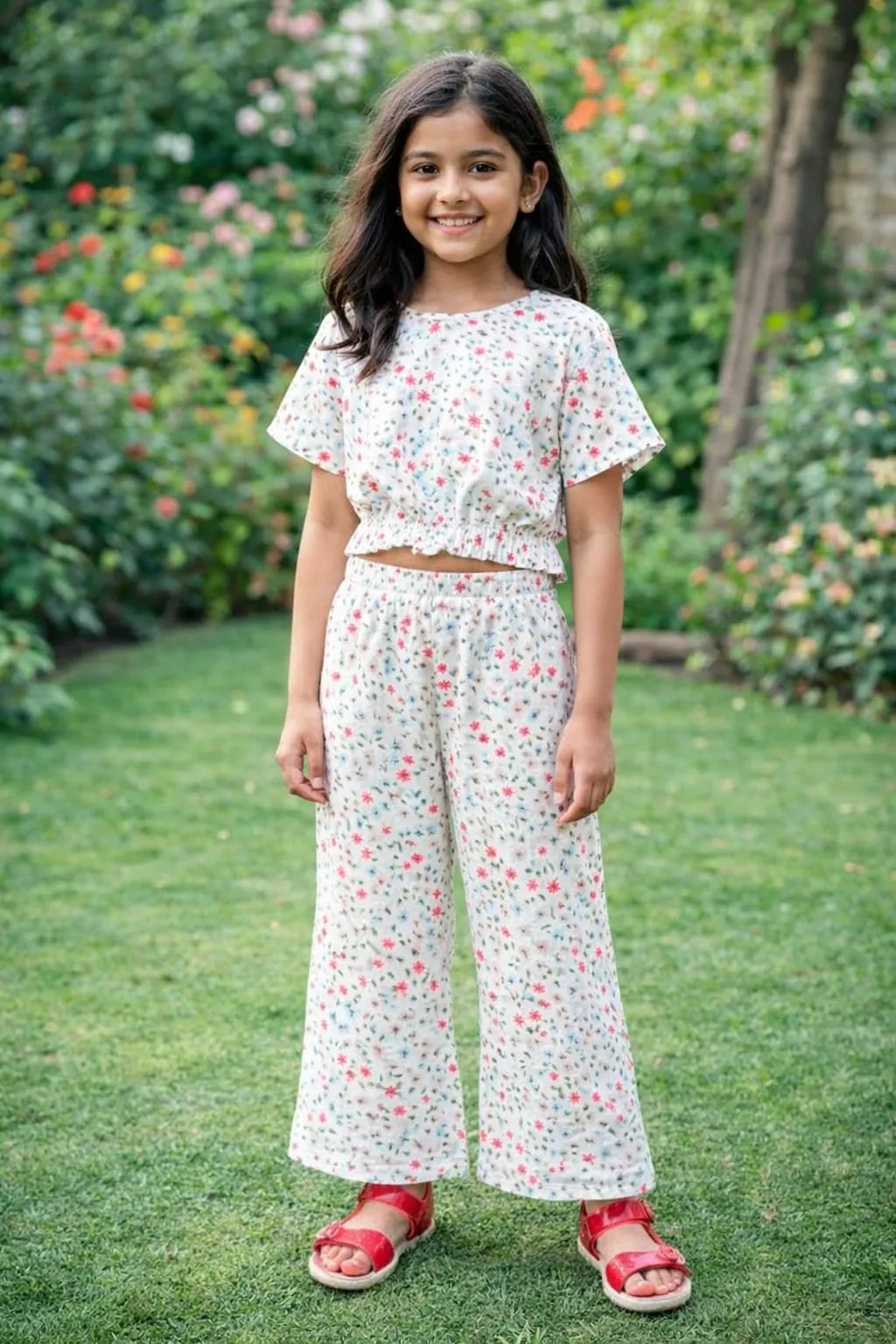 Red and green Flowers Half Sleeveless White Skate Fish- Girls