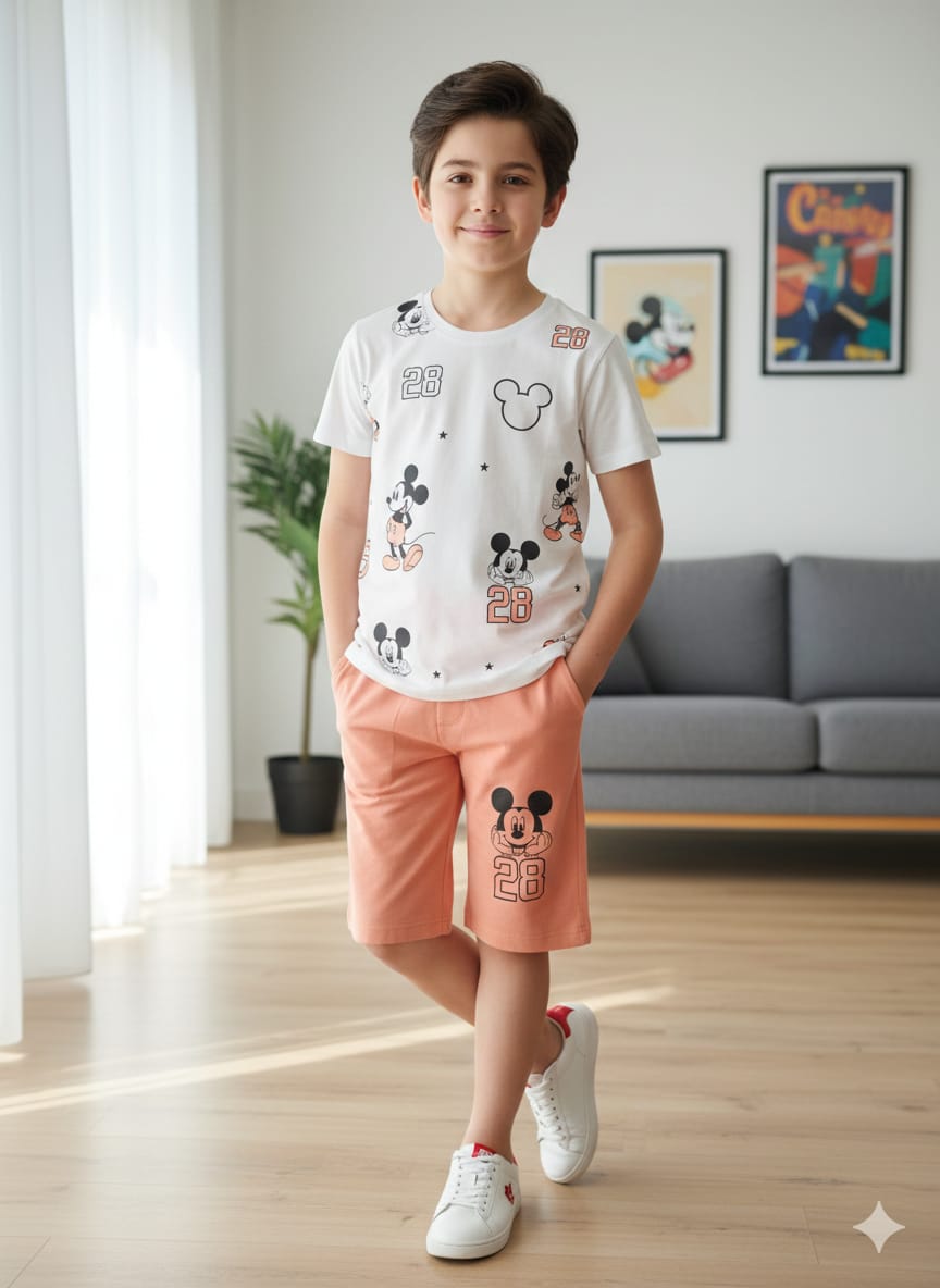 Mickey Mouse Print White Nicker Suit- Boys