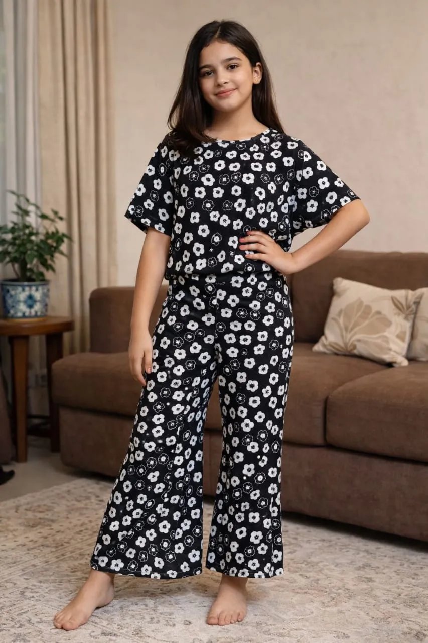 Sun Flowers Print Black Skate Fish- Girls
