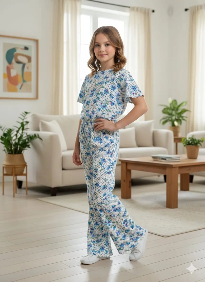 Blue Flowers and Dots Print White Skate Fish- Girls