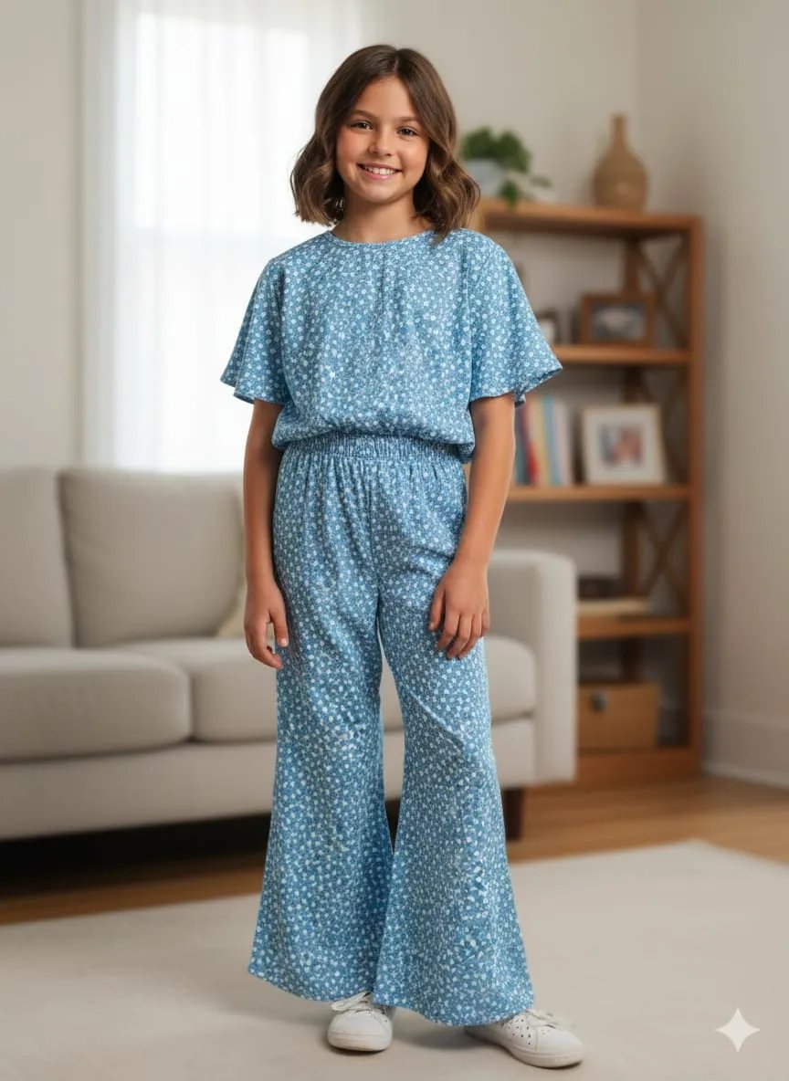 White Flowers Print blue skate Fish- Girls
