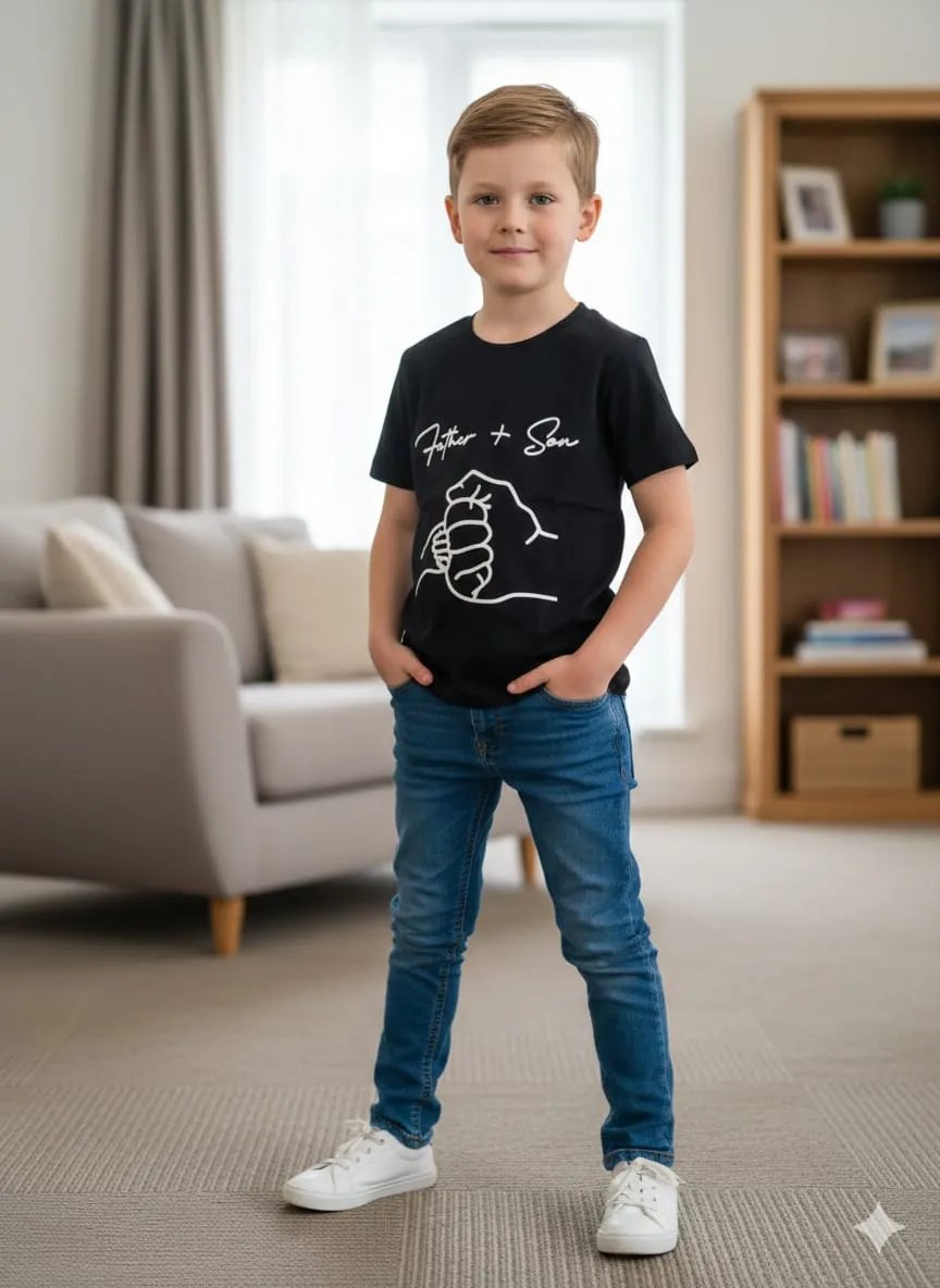 Father &  Son Print Black T-shirt- Boys