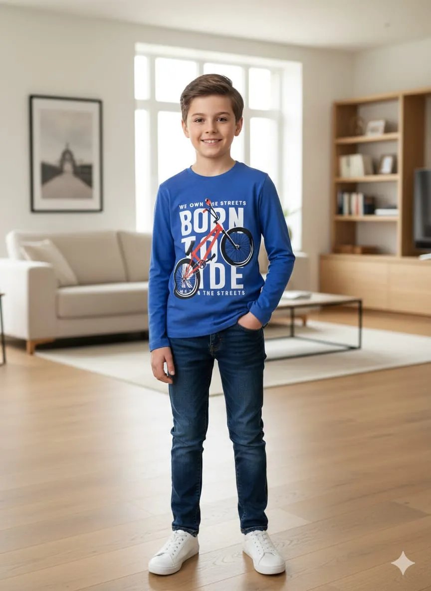 Born To Ride Full Sleeves Print Blue T- Shirt- Boys (6N)