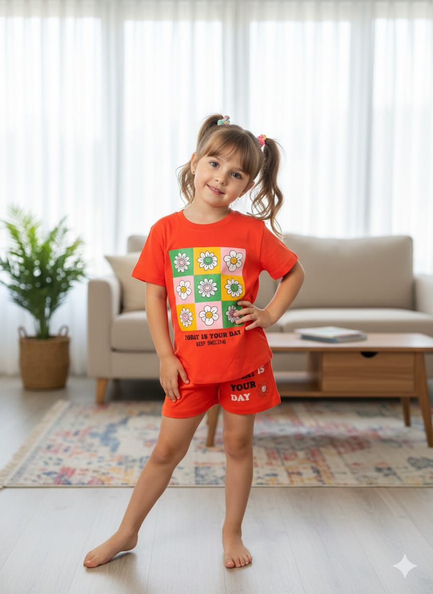 Multiple Sun Flowers Print Orane Nicker Suit- Girls