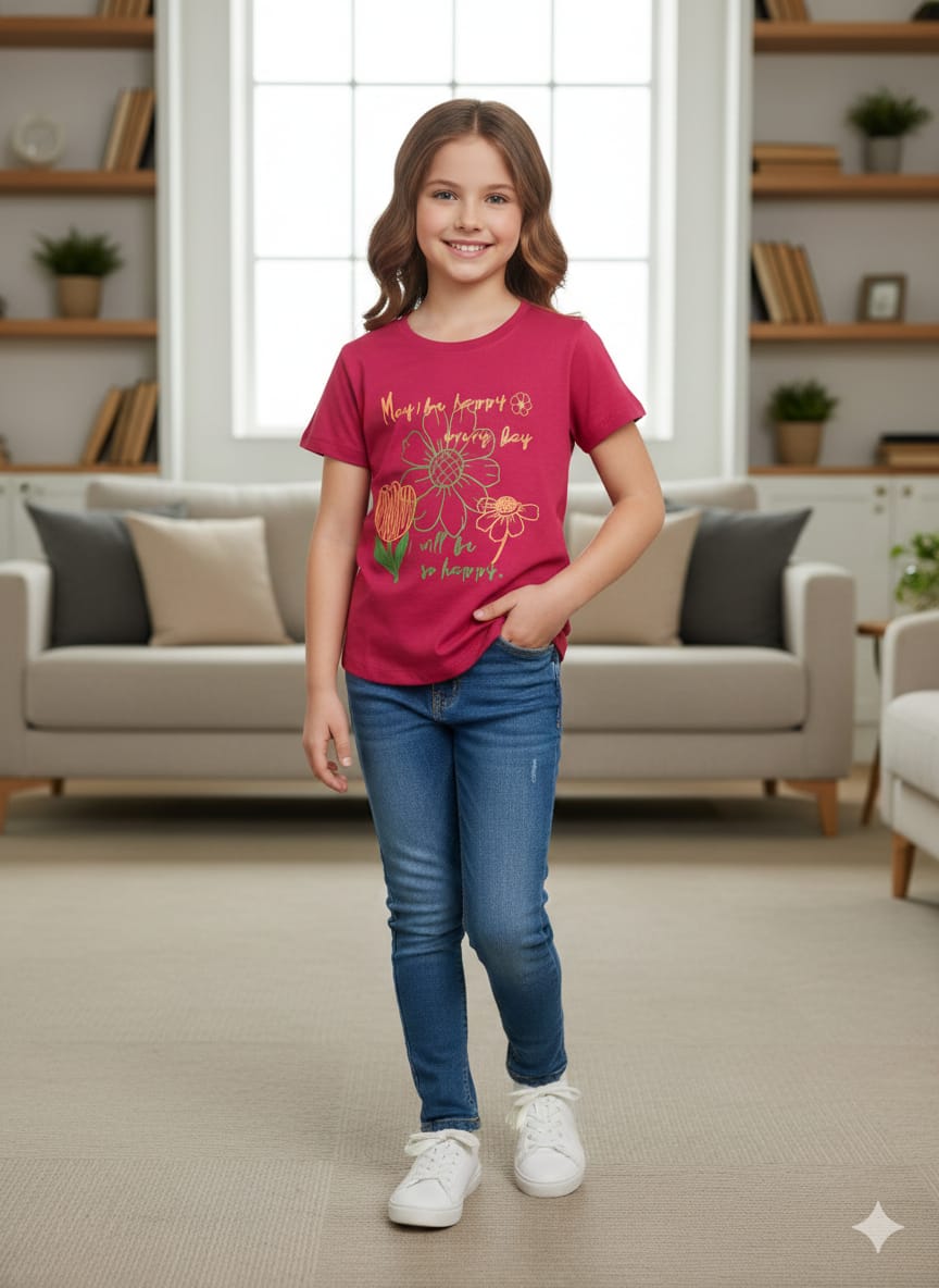 Sun Flower Print Mehroon T- Shirt- Girls