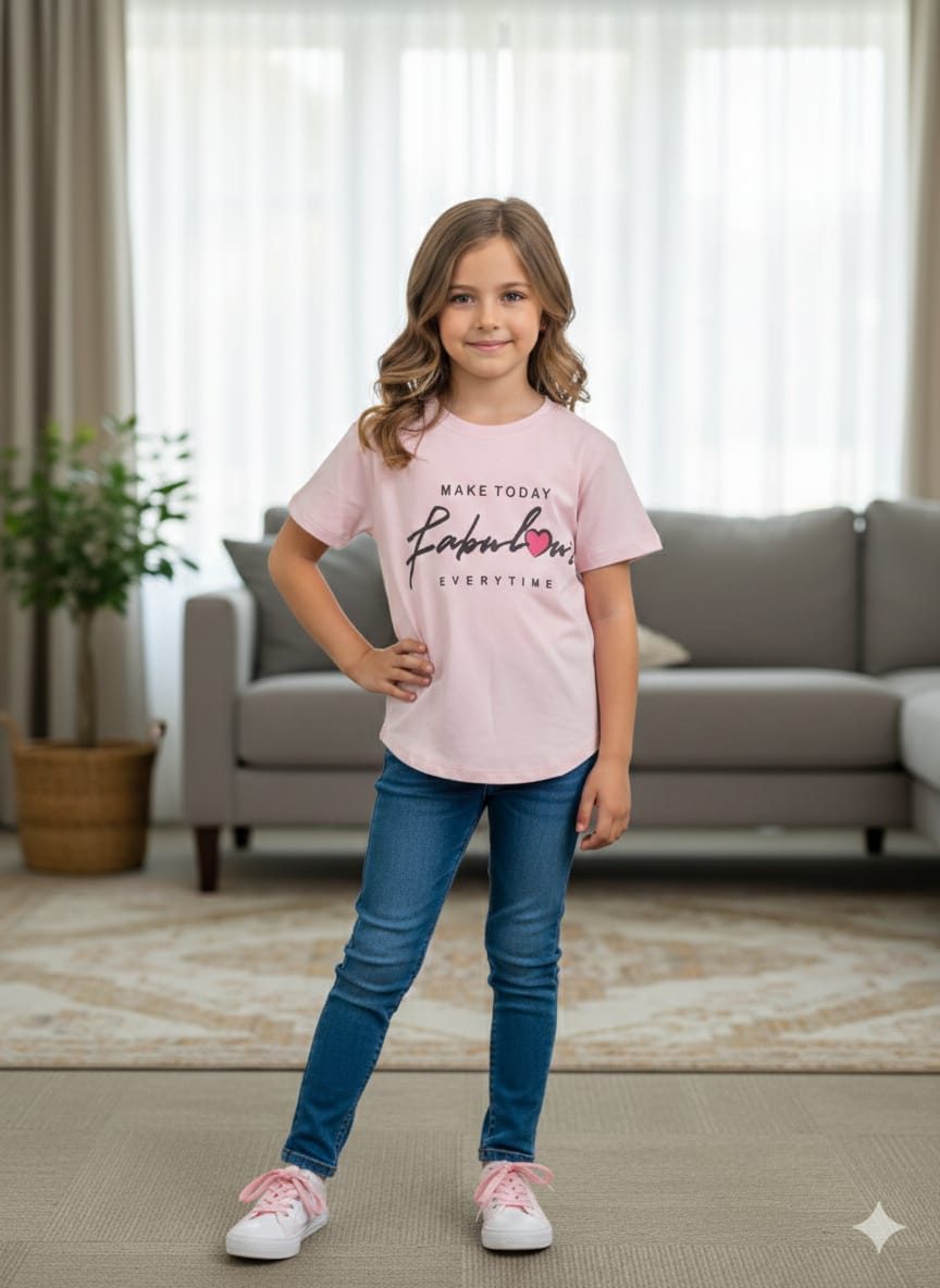 Fabulous Print Baby Pink T- Shirt- Girls