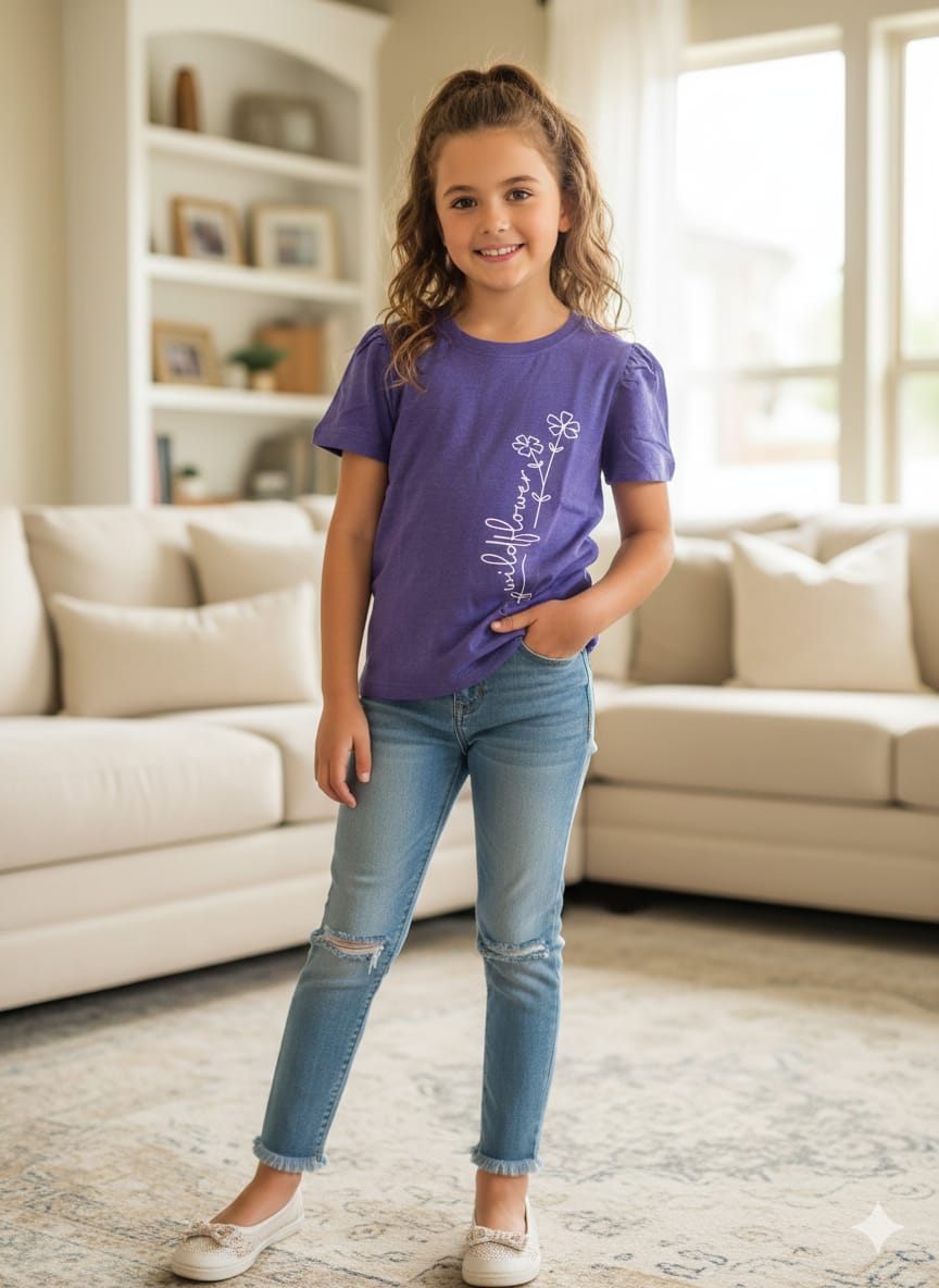 Rose Print Purple T-Shirt- Girls