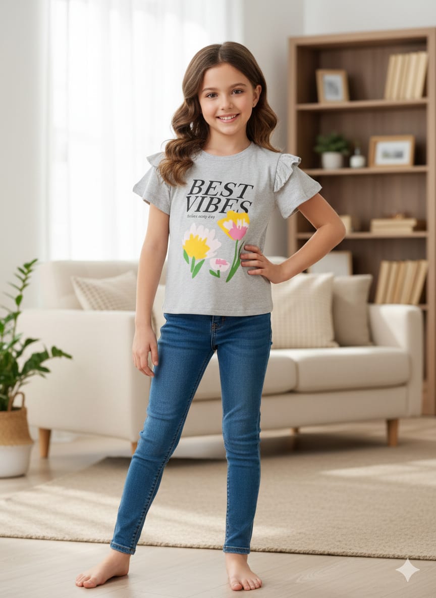 Best Vibes Gray T-Shirt- Girls