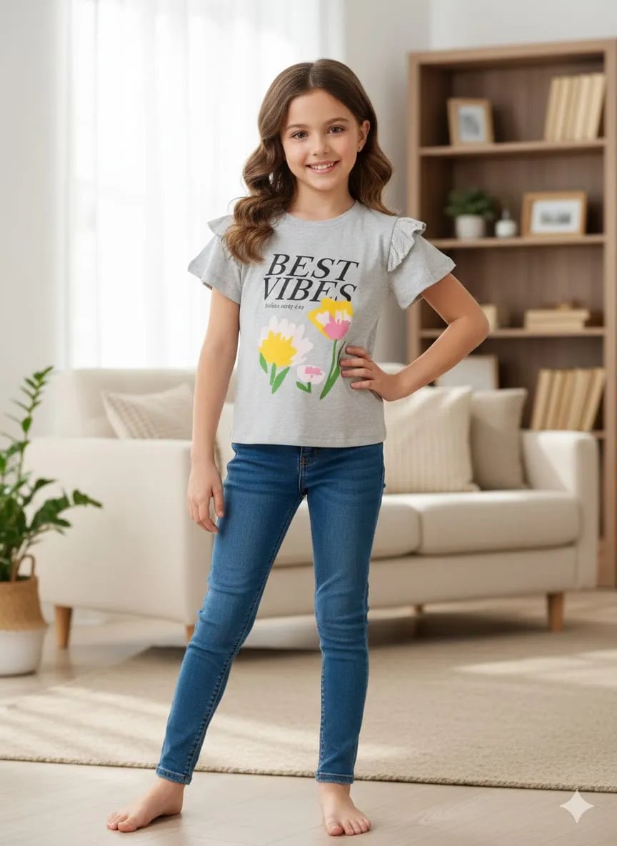 Best Vibes Gray T-Shirt- Girls