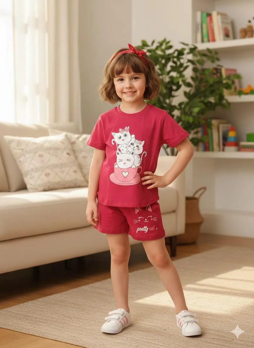 Two Kitty Print Maroon Nicker Suit - Girls