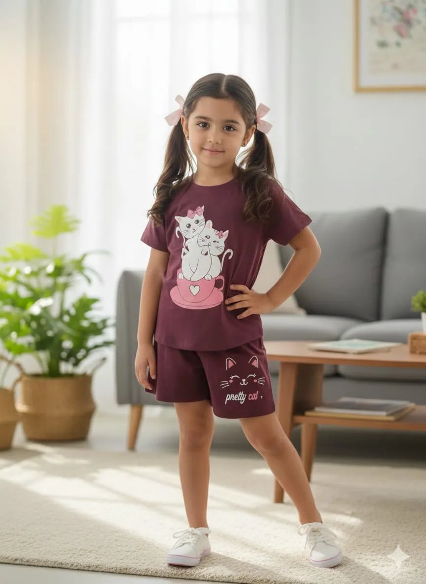 Two Kitty Print Brown Nicker Suit- Girls