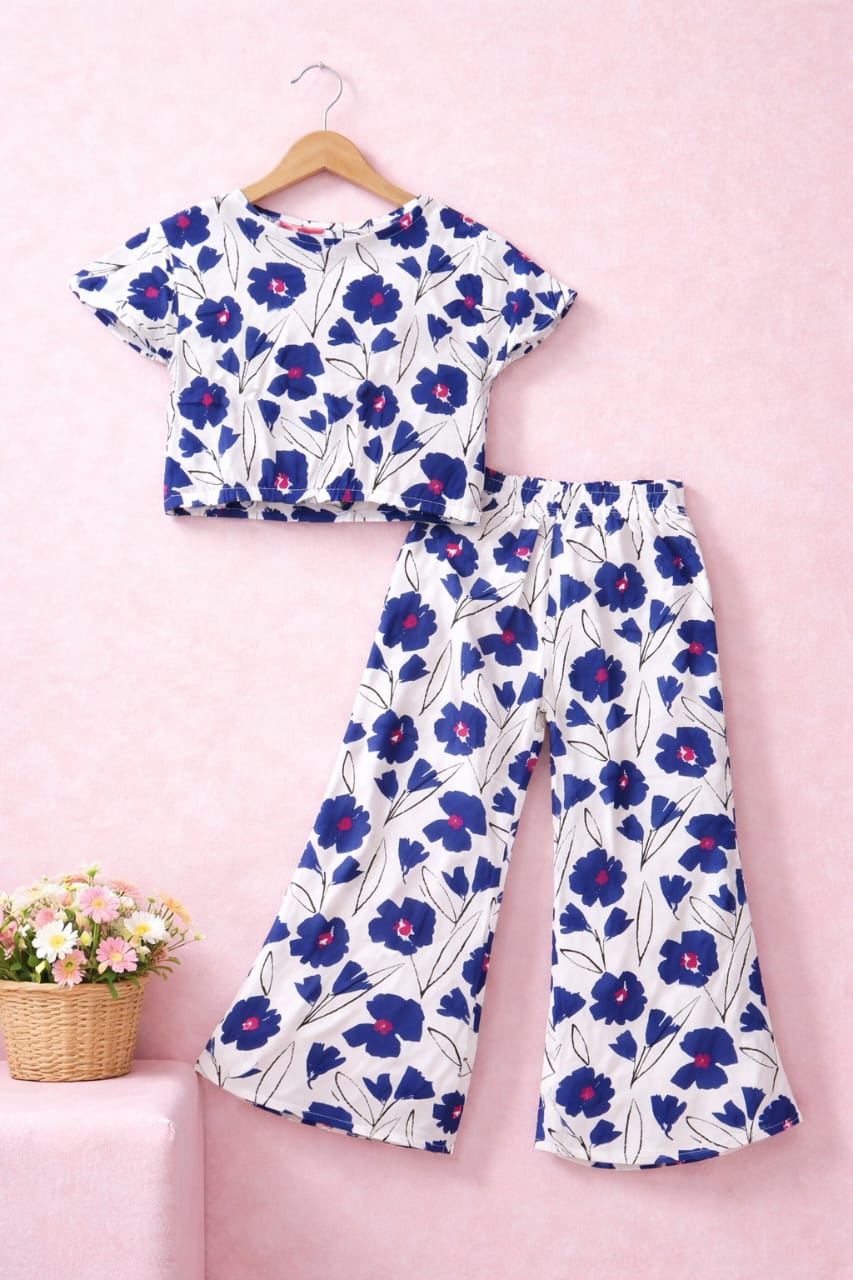 Royal Blue Flowers Print White Skate Fish- Girls