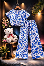 White Leaves Print Blue Skate Fish- Girls