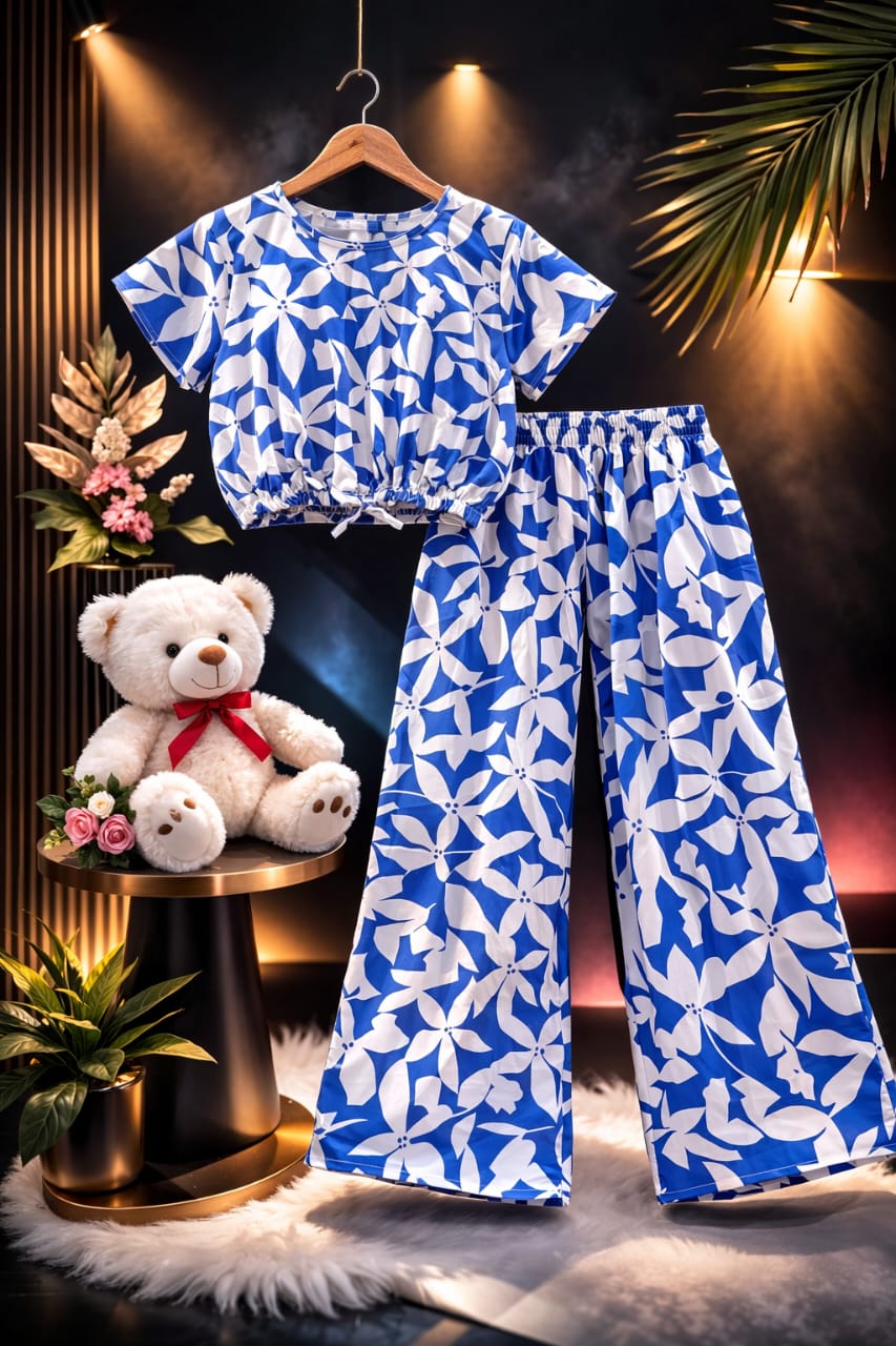 White Leaves Print Blue Skate Fish- Girls