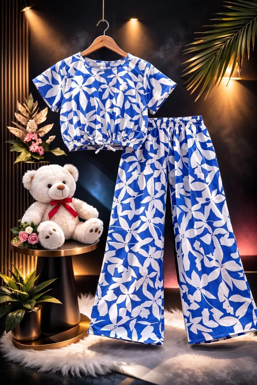 White Leaves Print Blue Skate Fish- Girls