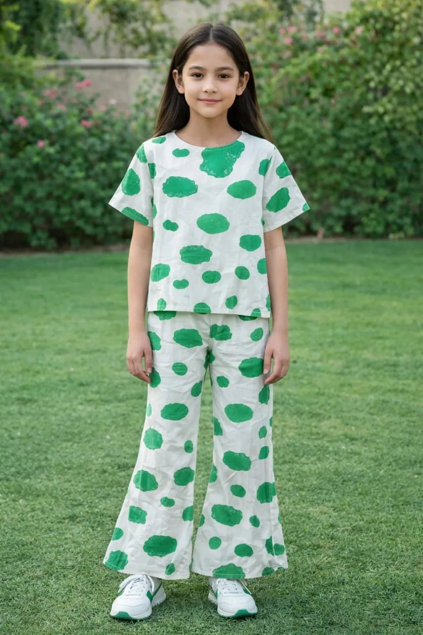 Green Dots Print White Skate Fish- Girls