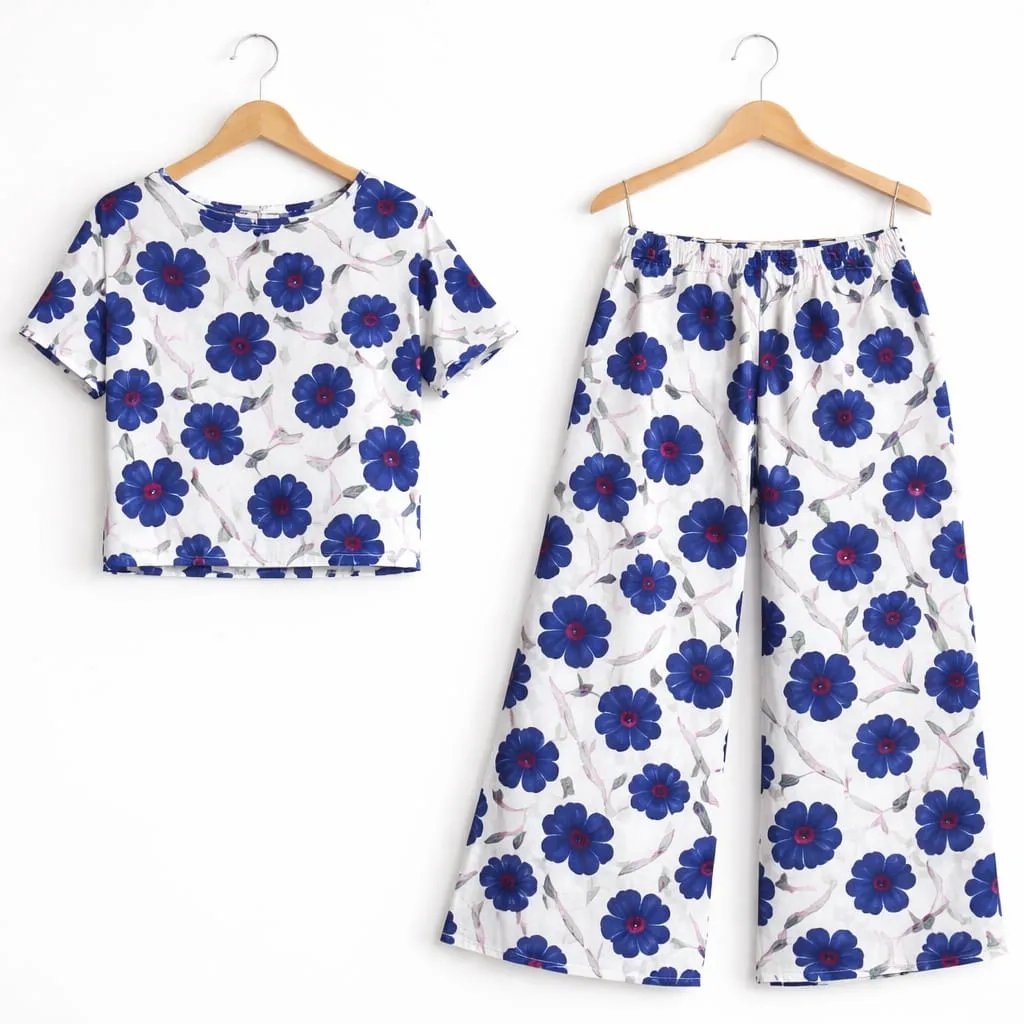 Blue Sun Flowers Print White Skate Fish- Girls