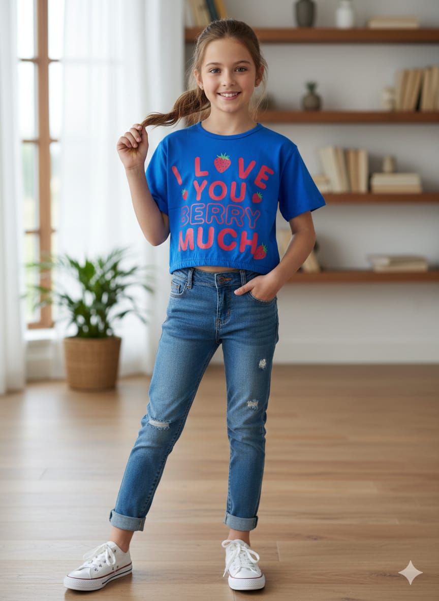 Short Length Cherry Much Prrint Royal Blue T-Shirt- Girls