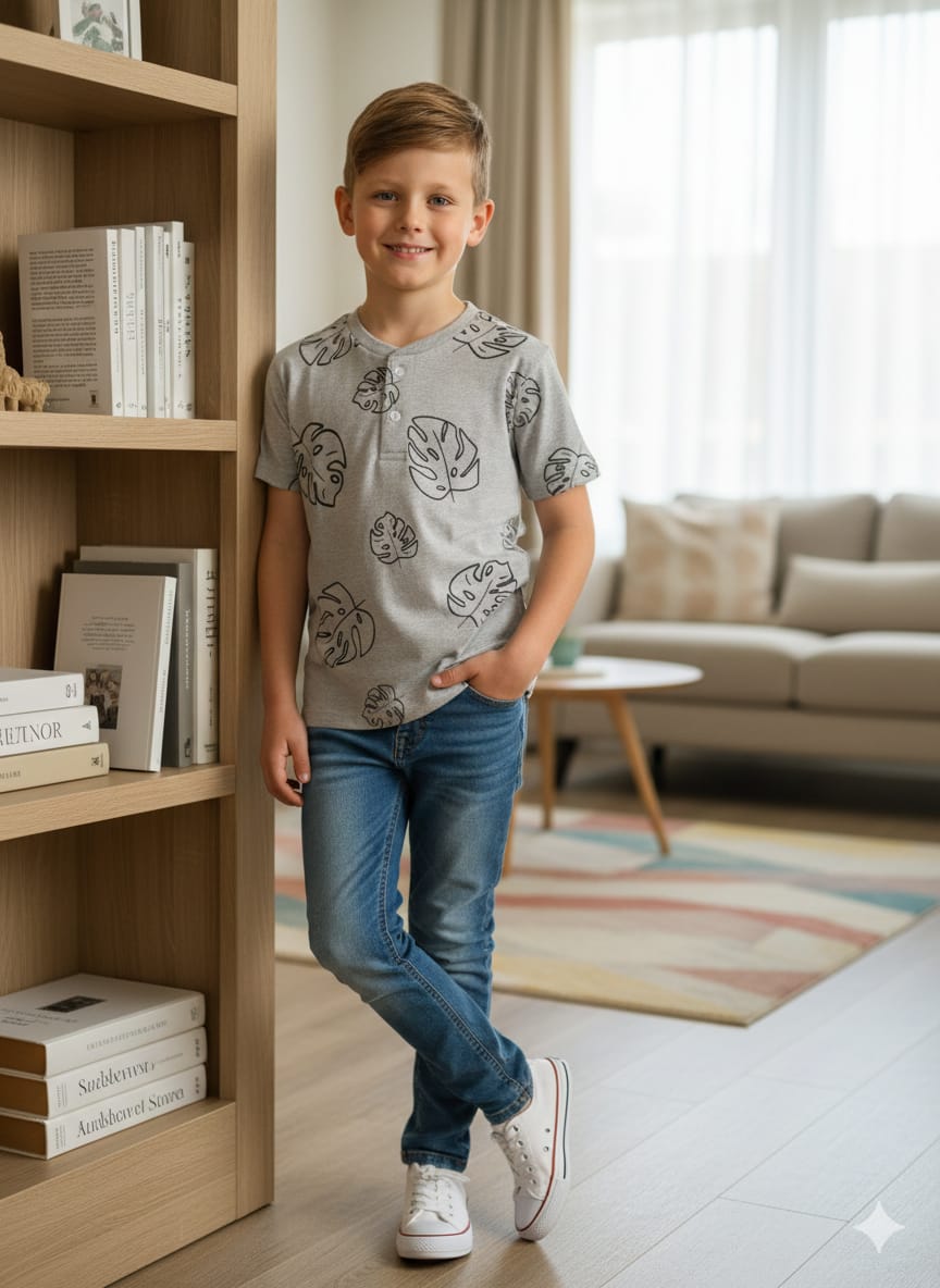 Leaves Print Grey Polo T-shirt-Boys