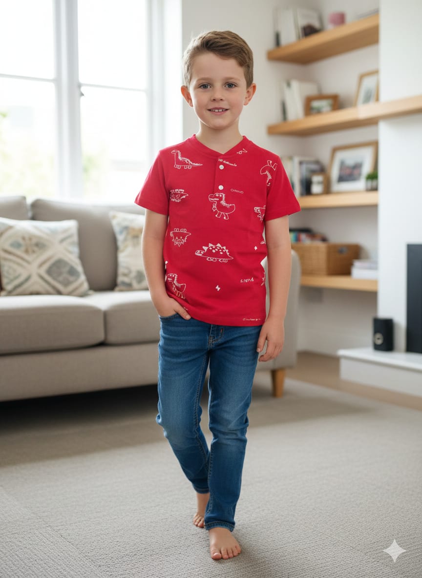 Dinasour Print Red Polo T-shirt-Boys