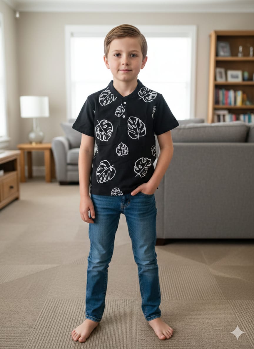 Leaves Print Black Polo T-shirt-Boys