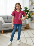 Rose Print Mehroon T-Shirt- Girls