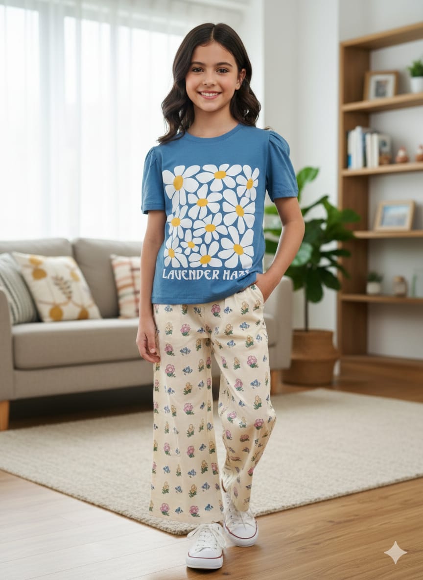 LAVENDER HAZE BLUE T-shirt & flapper plazzo -Girls