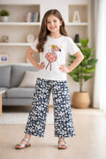 Flmingo Print White T-shirt & flapper plazzo -Girls